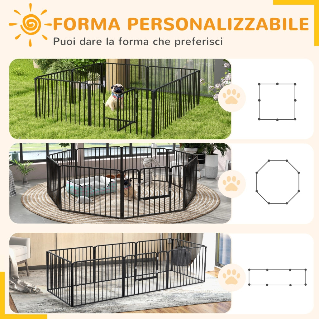 Recinto per Cani a 8 Pannelli Modulabili da Interno ed Esterno, in Acciaio, 164x164x60 cm, Nero