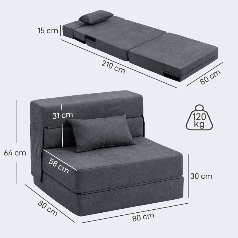 Poltrona Relax 3 in 1 con funzione letto, rivestimento in flanella grigio scuro, con cuscino lombare, ideale per soggiorno