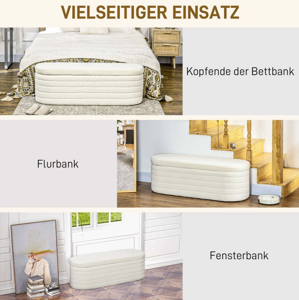 Panca da letto con contenitore in Teddy-Fleece crema 116x41x40,5 cm, struttura in legno di eucalipto, portata 120 kg