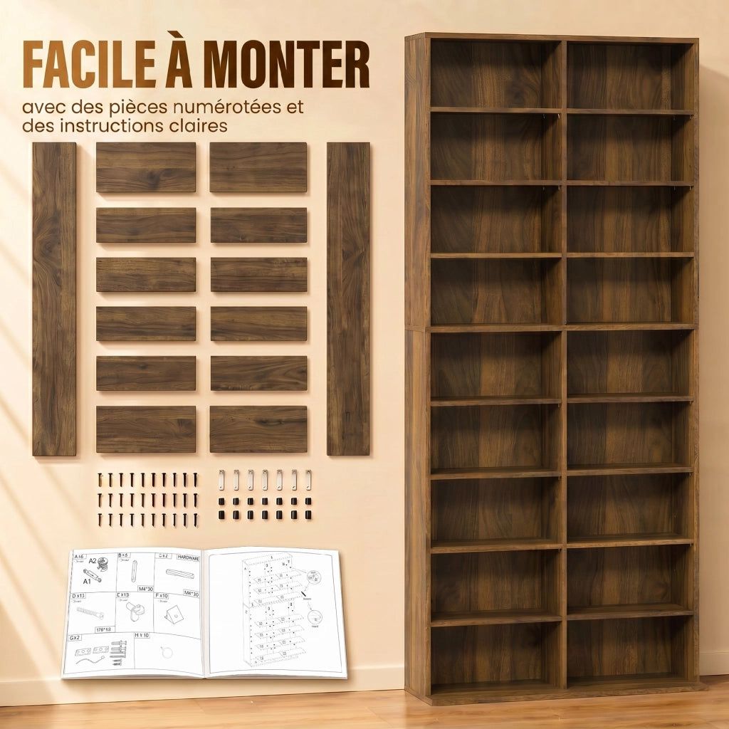 Scaffale porta CD e DVD in pannello truciolare; noce scuro; 18 scomparti; ripiani regolabili; 78;5 x 24 x 175 cm
