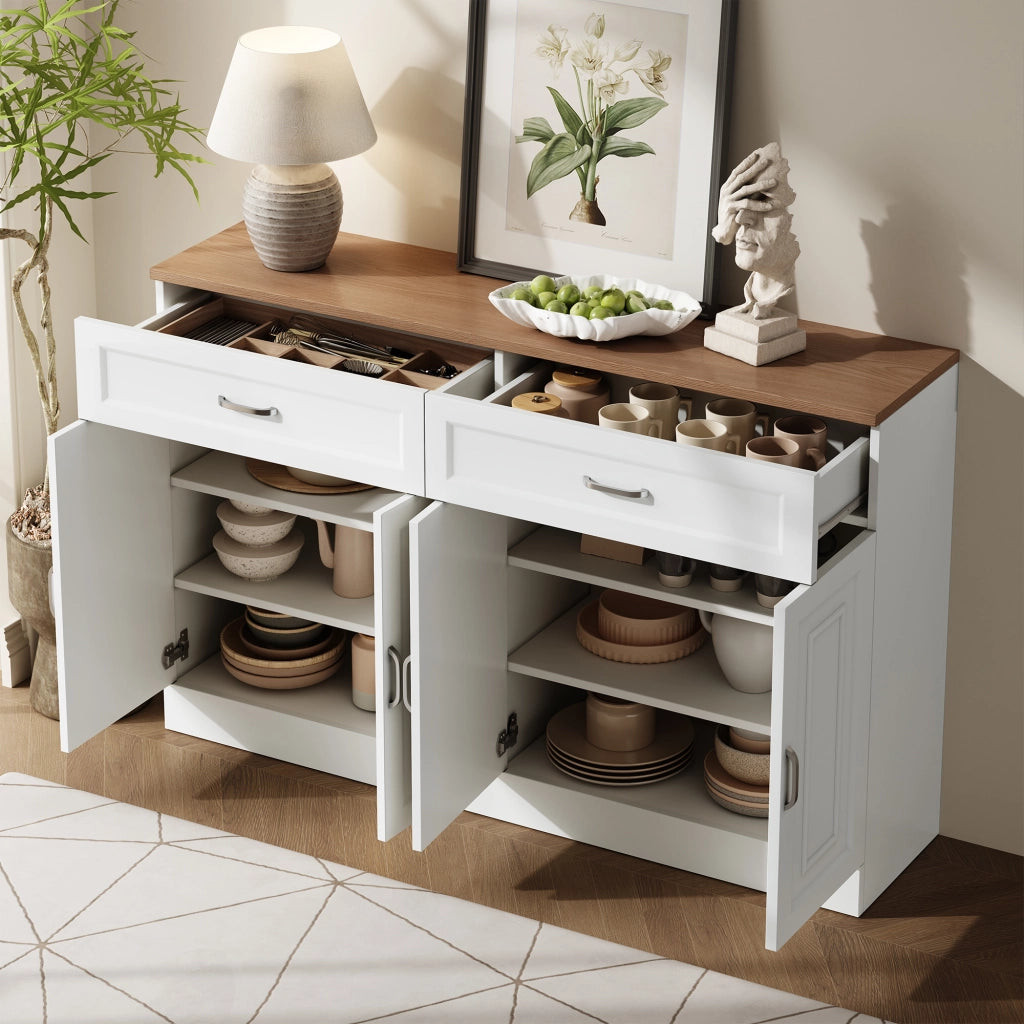 Credenza 120 x 35 x 80,5 cm, 4 ante + 2 cassetti, 2 ripiani regolabili, bianco, cucina