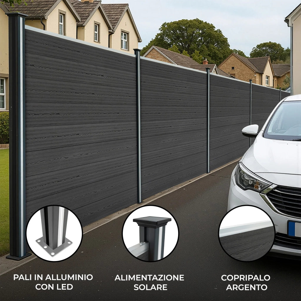 Pannelli Recinzione x5 + 6 Pali Alluminio LED Grigio Doghe PVC 185cm