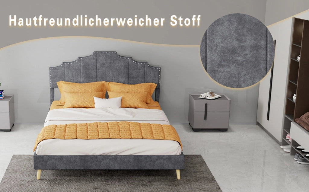 Letto moderno minimalista 140x200 cm con testiera imbottita in tessuto grigio, struttura bassa multifunzionale con materasso incluso