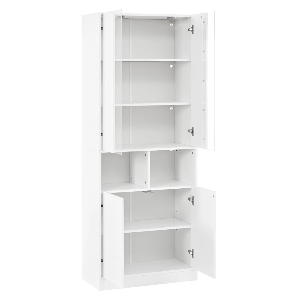 Armadio alto con LED, 4 ante, 2 vani aperti e ripiano regolabile per camera da letto, bianco, 70 × 35 × 180 cm