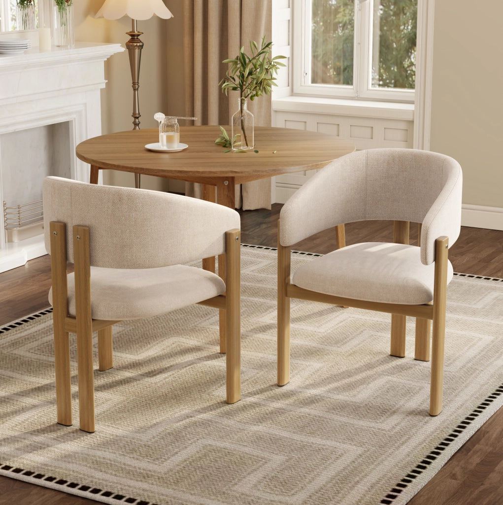 Set 4 sedie da pranzo con braccioli in metallo effetto legno e lino beige HOMVRA