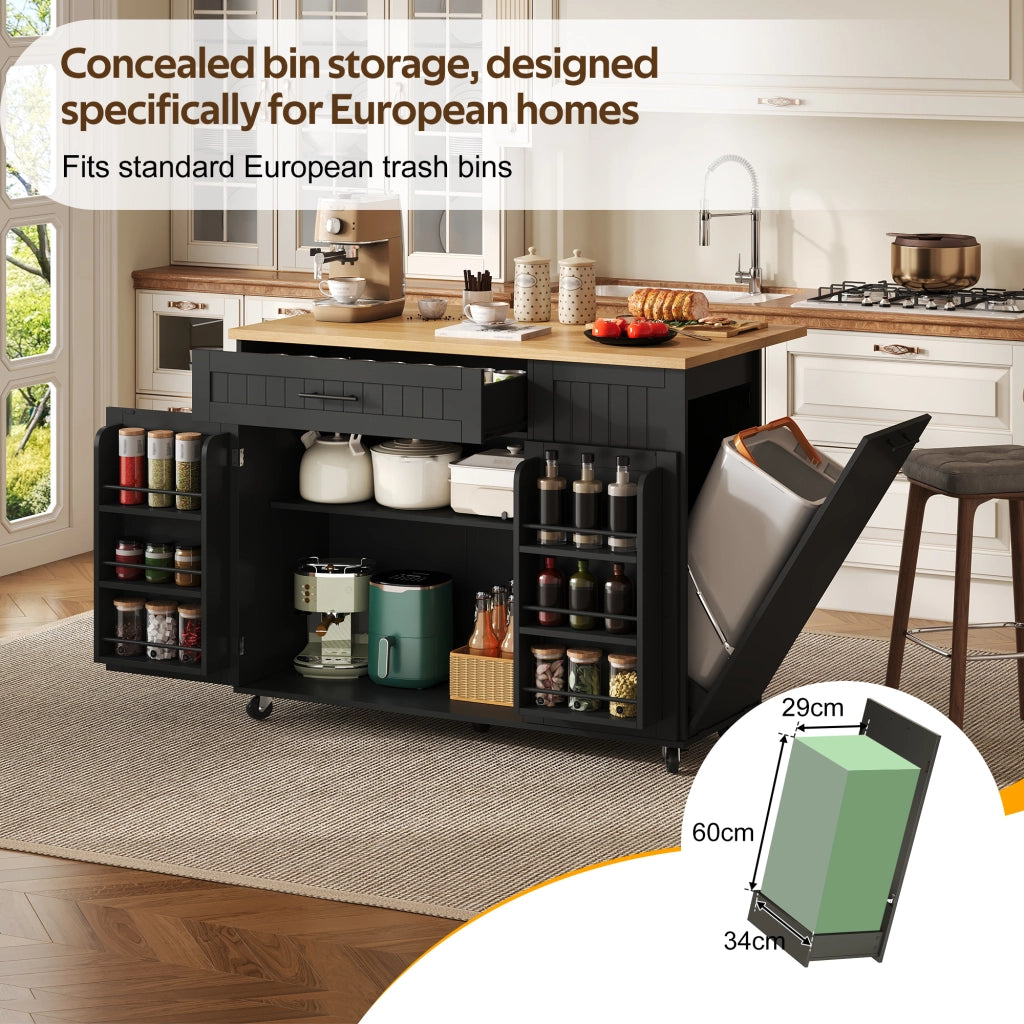 Mobile base da cucina con piano pieghevole; vano pattumiera; cassetto e ruote bloccabili nero 130 × 70 × 93 cm