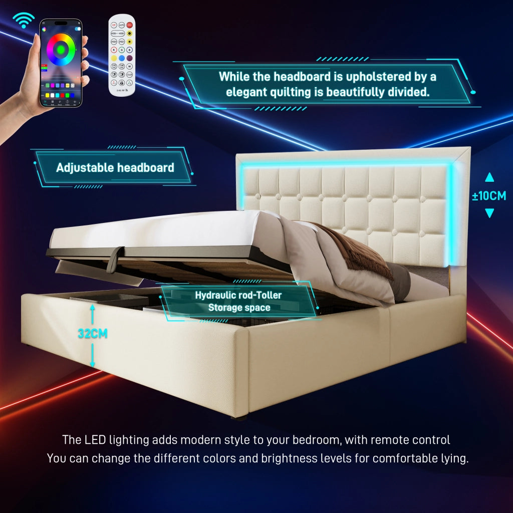 Letto contenitore 160 × 200 cm con materasso LED e rete a doghe rivestito in PU bianco con sollevamento idraulico