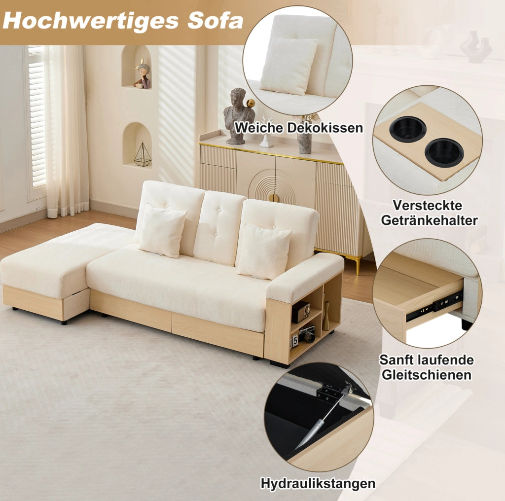 Divano letto in chenille con contenitore e cassetti