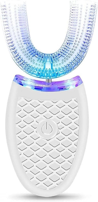 Tampone Elettrico per Dentiera per Adulti a Forma di U - 360° Pulizia - 4 Modalità (Incluse Whitening) - IPX7 Resistente all'Acqua - Ricaricabile via USB - Bianco