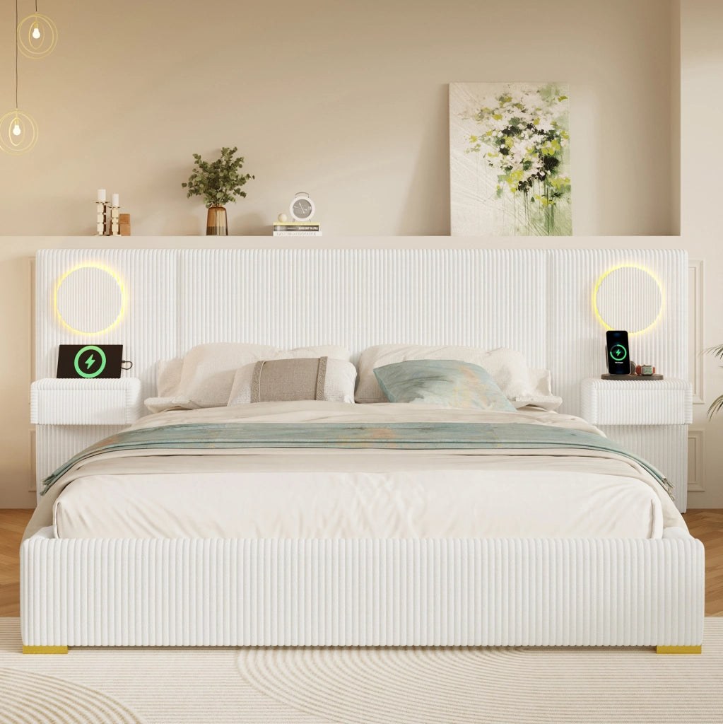 Letto imbottito 180x200 cm con LED, USB e comodini con cassetti in velluto beige