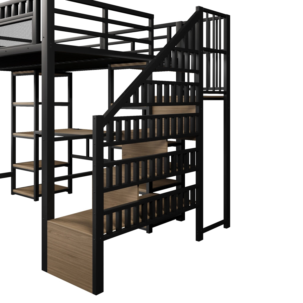 DESMIU Letto a soppalco 140 × 200 cm 1 posto con scrivania, scaffali, LED e USB, senza materasso, nero