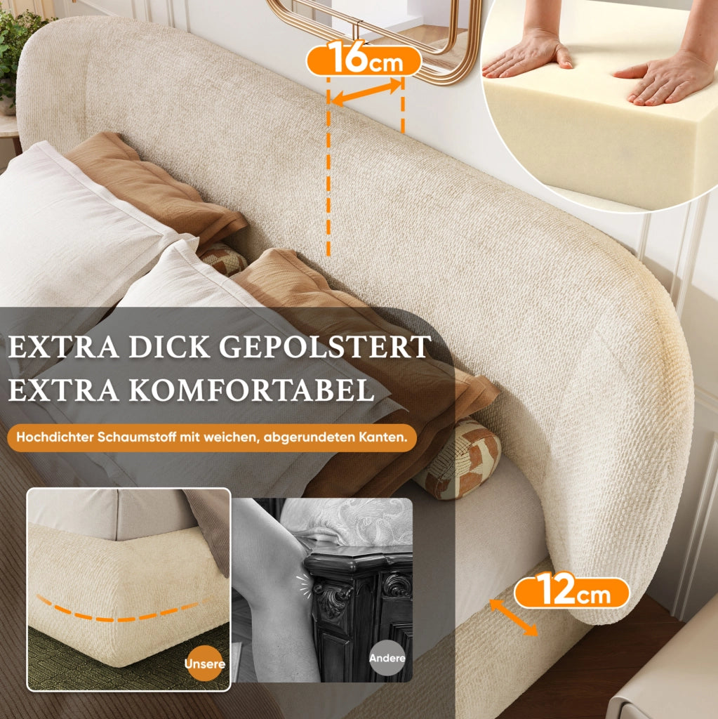 Letto matrimoniale imbottito 160x200 cm con testiera e rete a doghe in ciniglia beige