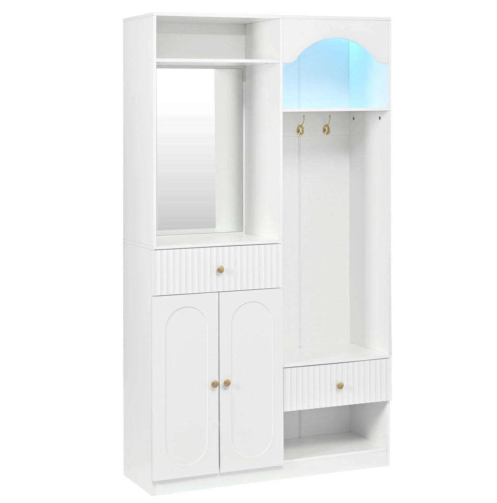 Guardaroba da ingresso bianco con specchio, panca e LED