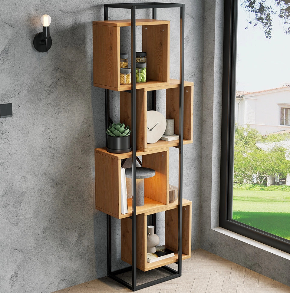 Scaffale verticale a 4 vani in MDF e ferro; nero e marrone; 59×30×180 cm