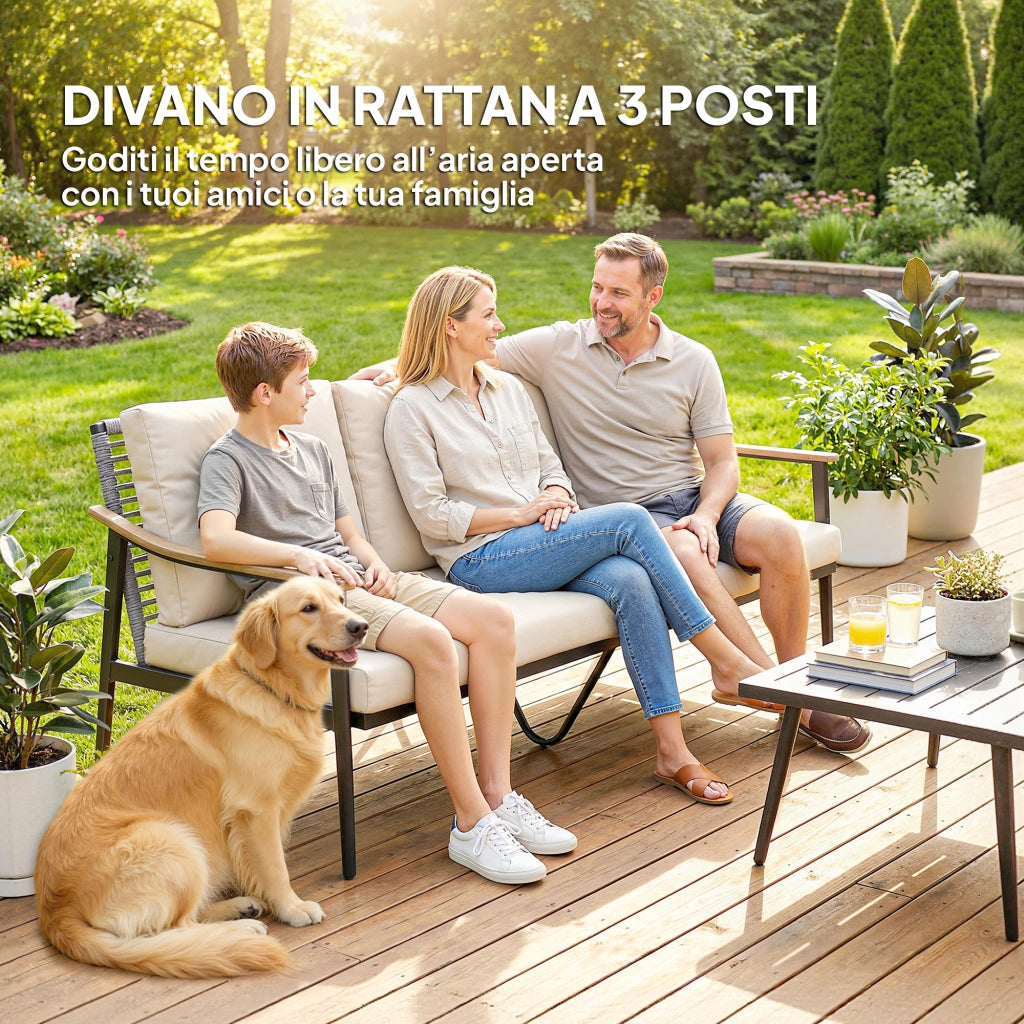 Divano da Esterno a 3 Posti in Rattan con Braccioli Effetto Legno e Schienale, per Veranda, Cortile, Cachi