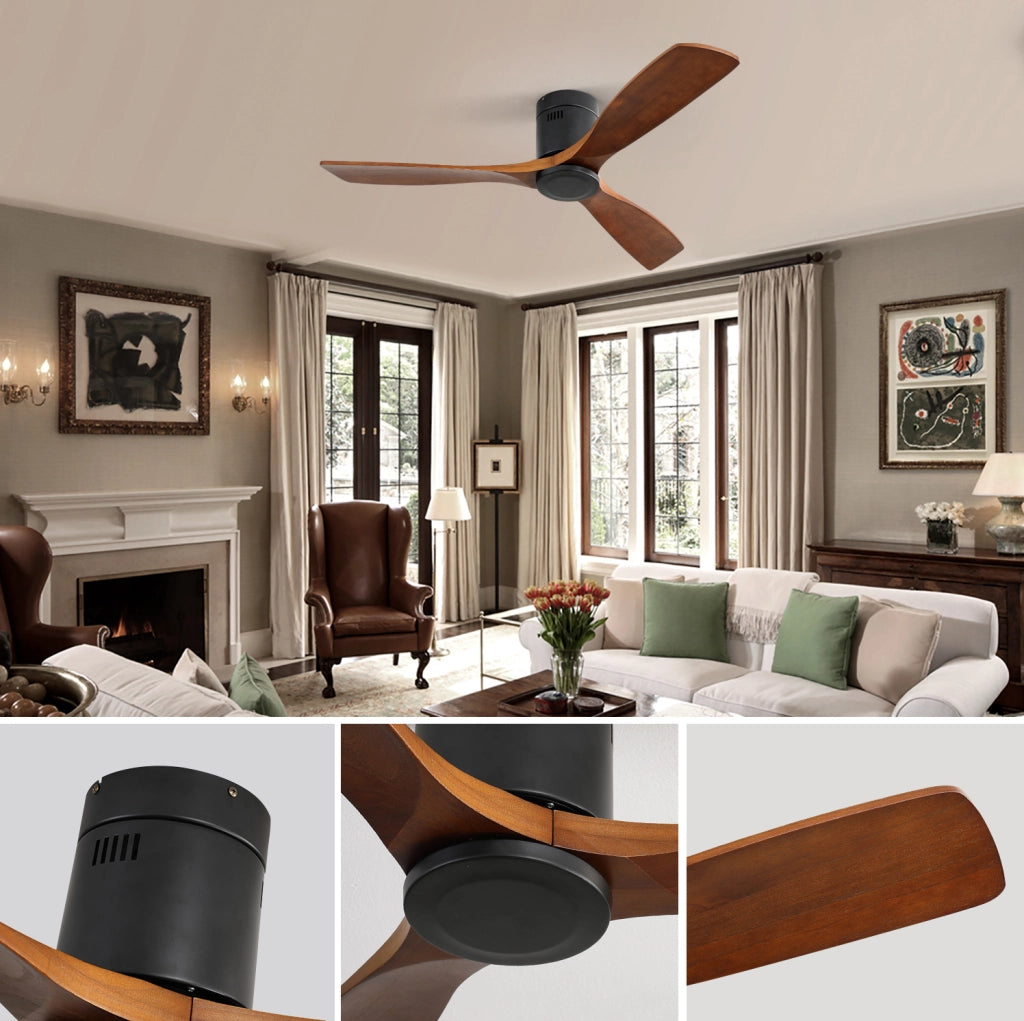 Ventilatore a soffitto basso profilo 132 cm con pale in legno massello, motore DC reversibile silenzioso e telecomando, senza luce