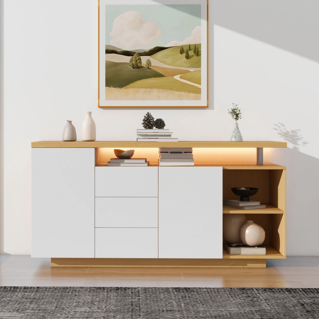 Credenza con 2 ante 3 cassetti vani aperti e LED in truciolare bianco e rovere chiaro 140 × 40 × 70 cm