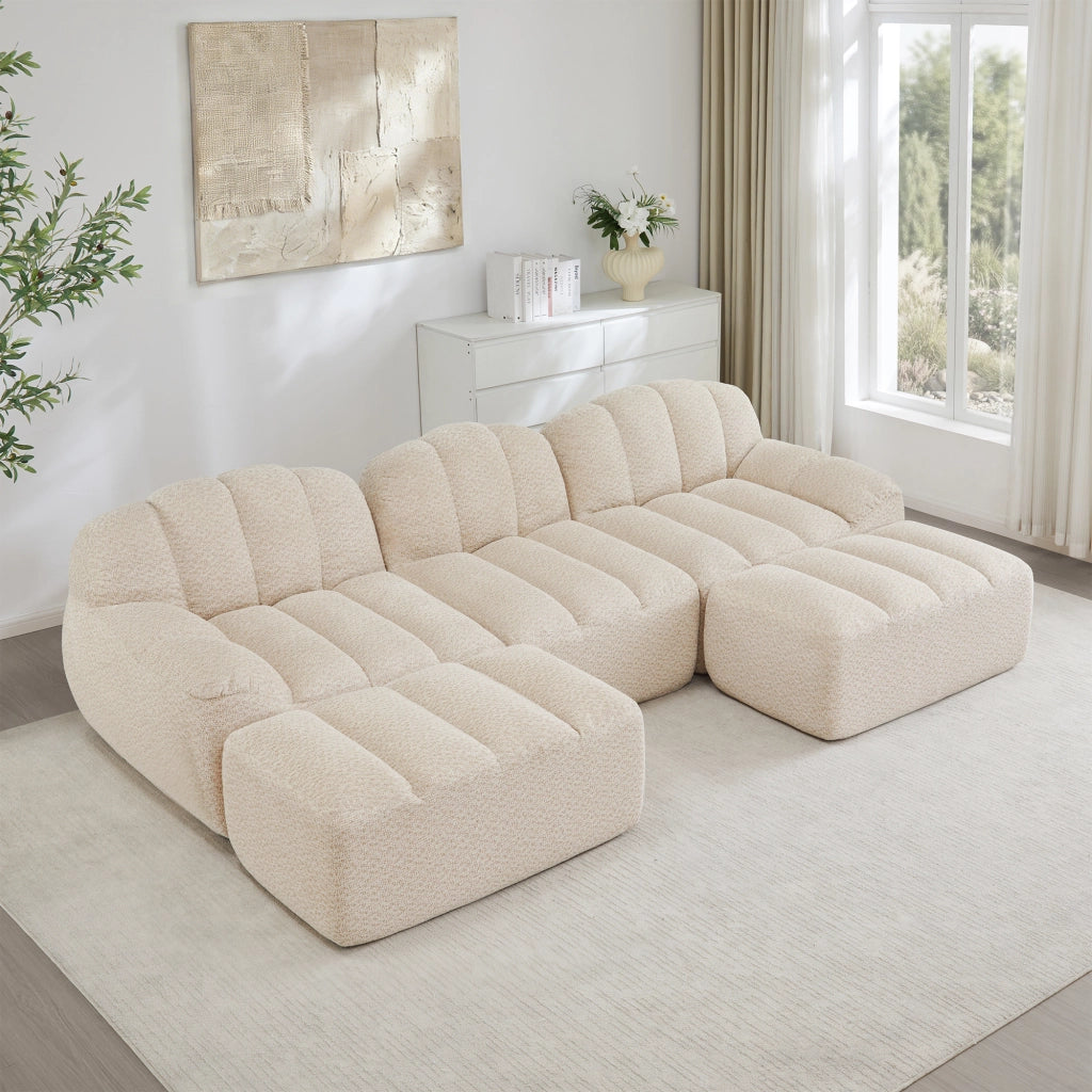 Divano Modulare U 3 Posti con 2 Ottoman ¨C Xylo ¨C Tessuto Morbido Beige, Seduta Profonda