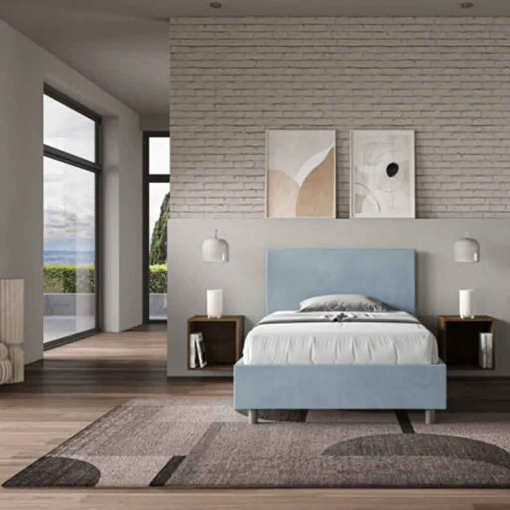 Letto una piazza e mezza con rete imbottito 120x190 microfibra azzurro Adele
