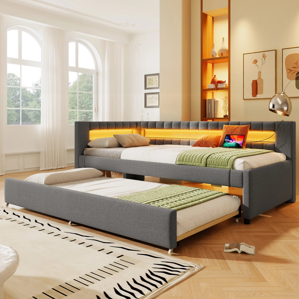 Letto divano estraibile 90 × 200 cm con LED; USB e Type-C; senza materasso; in lino e MDF; grigio