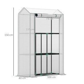 Serra da Giardino in Acciaio con Ripiani a 3 Livelli e Porta Avvolgibile, Copertura in Plastica UV Resistente 100x40x150 cm, Bianco
