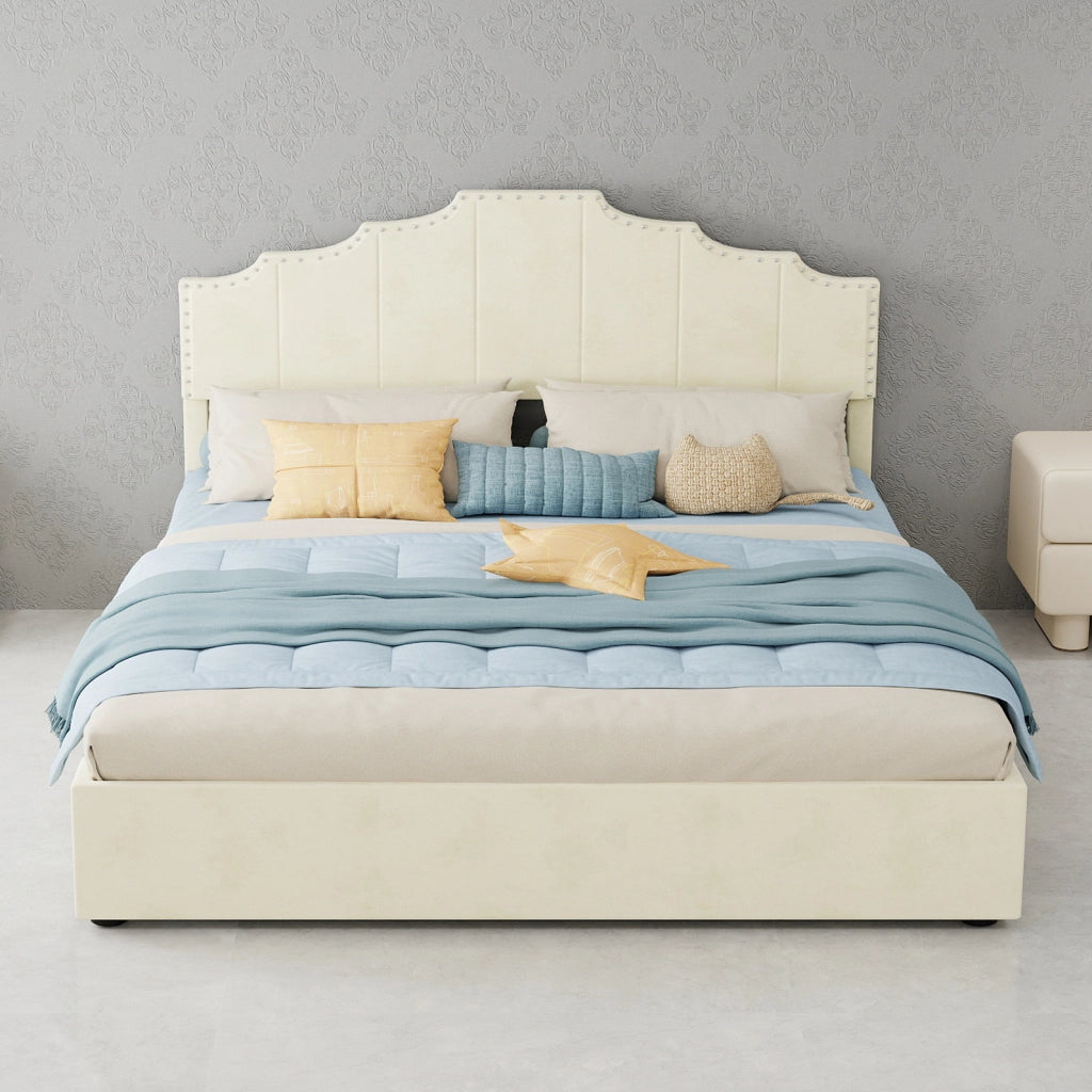 Letto matrimoniale imbottito ULEVR 160x200 cm con materasso incluso, testiera geometrica beige