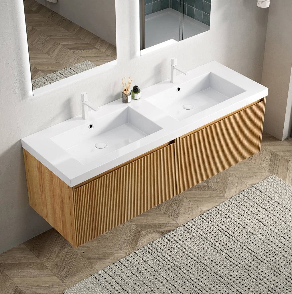 Mobile bagno ULEVR 140 cm con lavabo integrato in resina, cassetti LED soft-close, rovere naturale e bianco