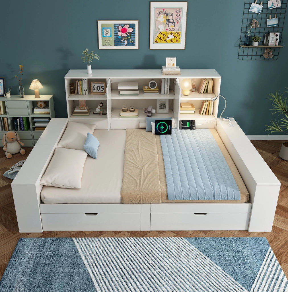 Letto matrimoniale 140x200 cm con cassetti; vano contenitore e prese USB/USB-C bianco HOMVRA