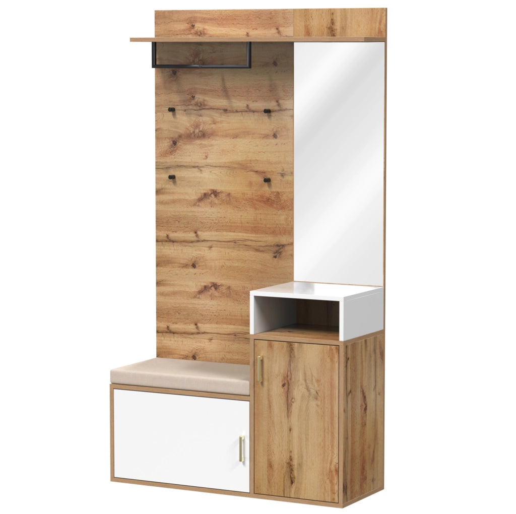 Set da ingresso bianco e legno con specchio, scarpiera, appendiabiti, panca e ganci