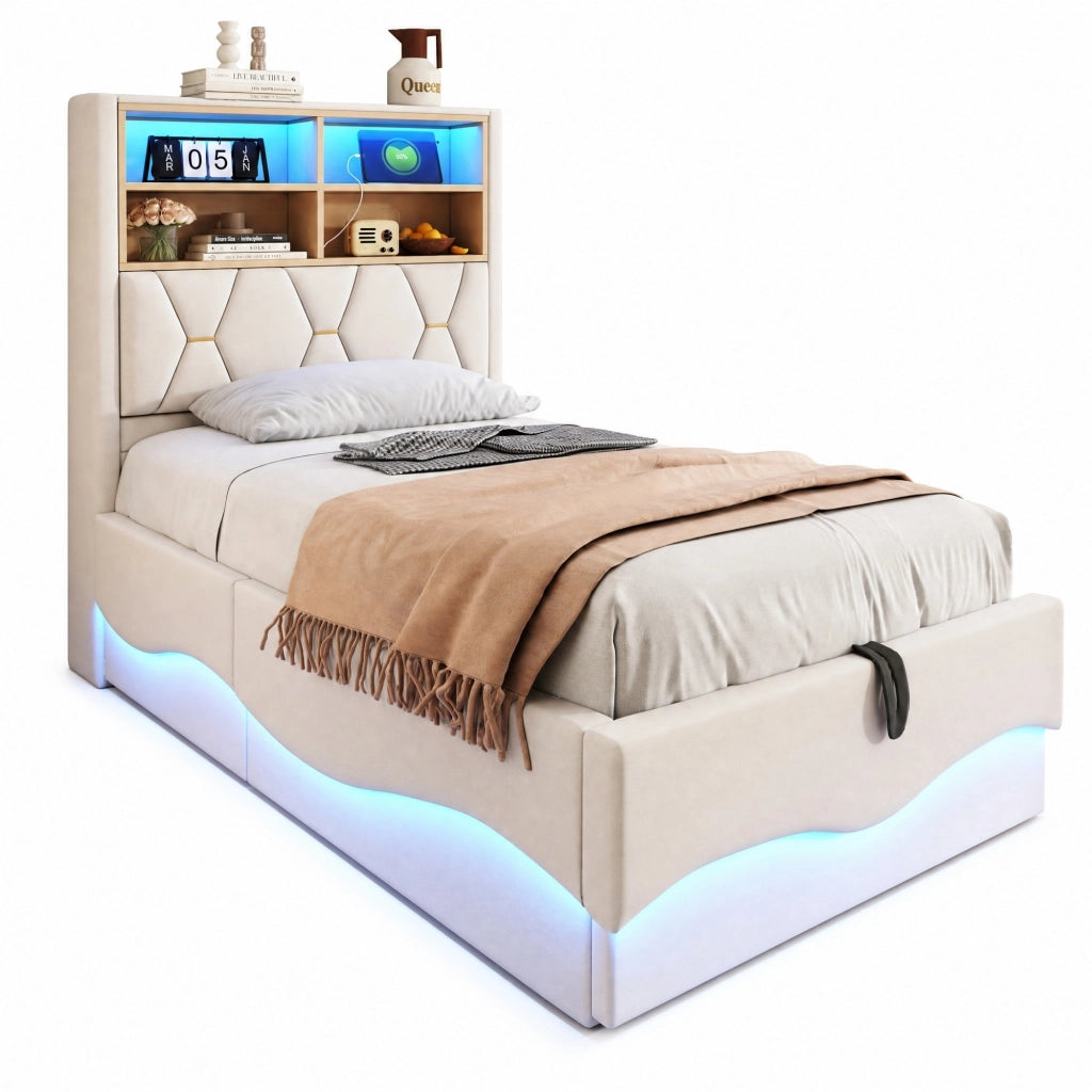 Letto contenitore 90 × 200 cm con LED controllabile tramite app USB struttura in metallo imbottita beige