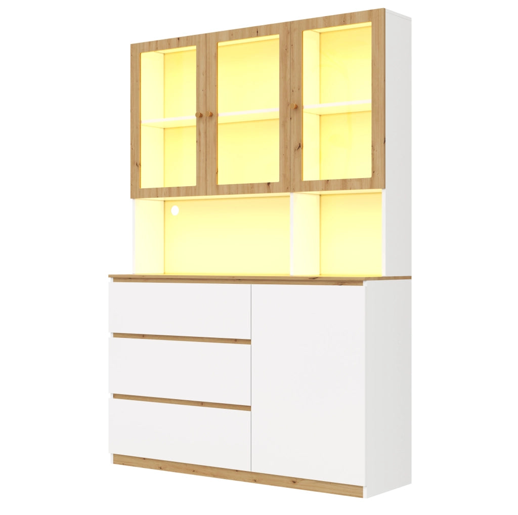 Vetrina alta multifunzione con LED, bianco e rovere