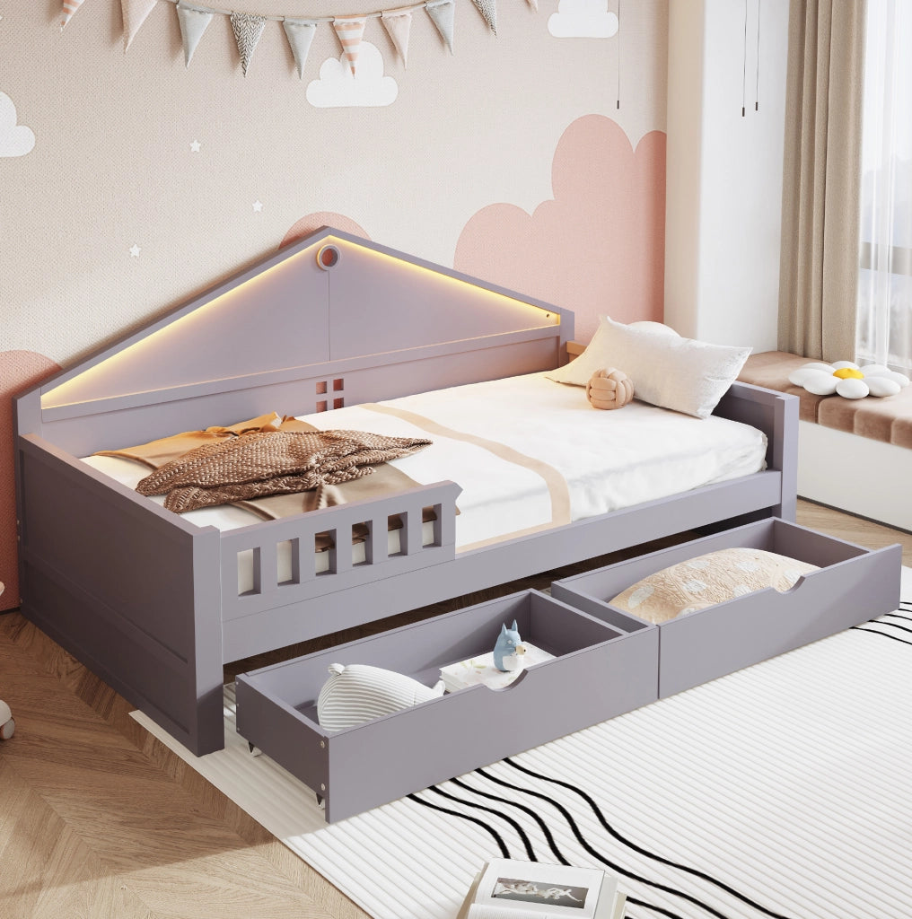 Letto singolo 90x200 cm con 2 cassetti e barra LED grigio HOMVRA