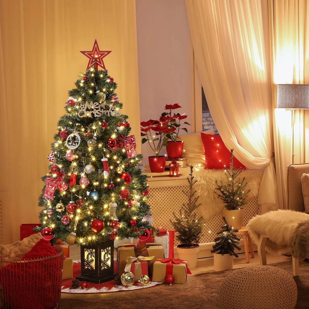 Albero di Natale Artificiale 145cm con 300 LED Bianco Caldo 8 Giochi Luce e Vaso Retrò