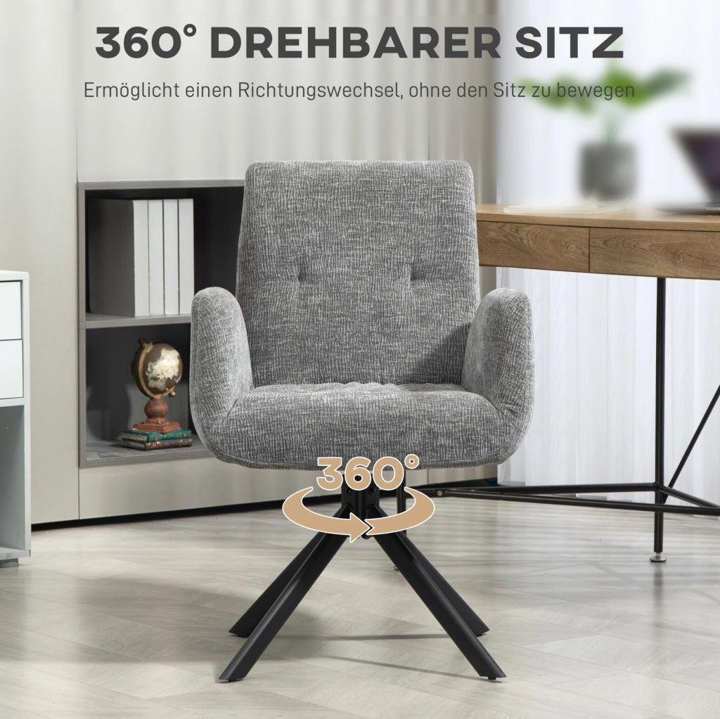 Poltrona girevole lounge con braccioli in tessuto effetto lana e lino, gambe in acciaio, colore grigio scuro, 60x61x88 cm