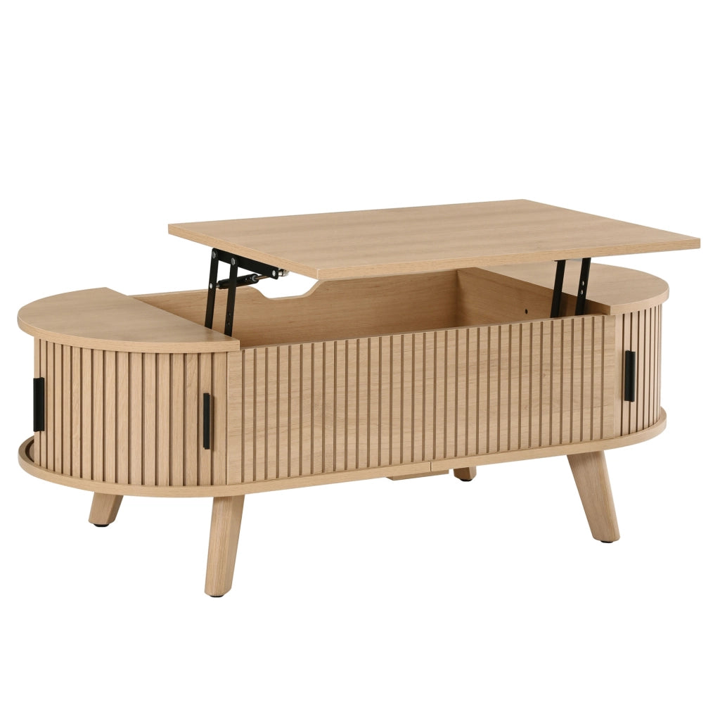 Tavolino da salotto ovale 110x50 cm con piano sollevabile e ante scorrevoli naturale HOMVRA