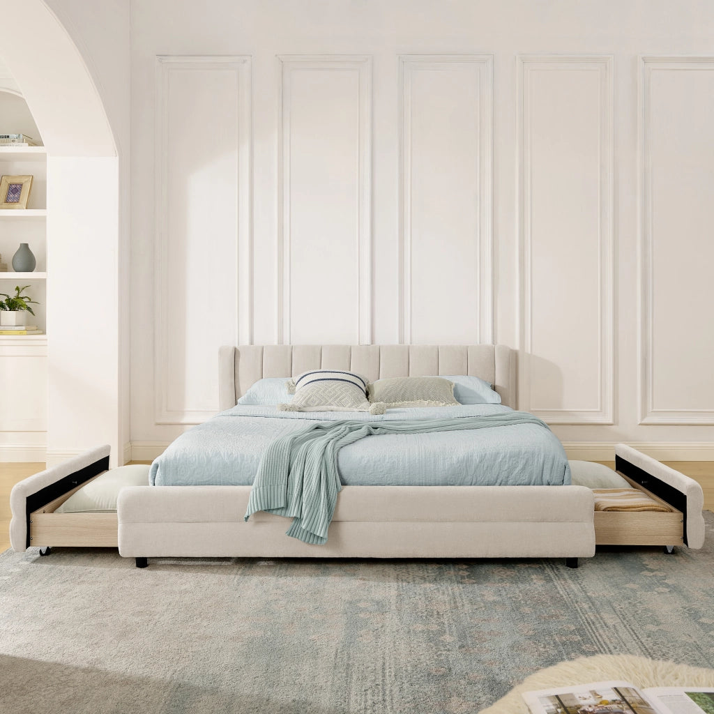 Letto matrimoniale 140 x 200 cm con 4 cassetti e porta USB, letto matrimoniale con rete a doghe, in ciniglia beige, materasso non incluso