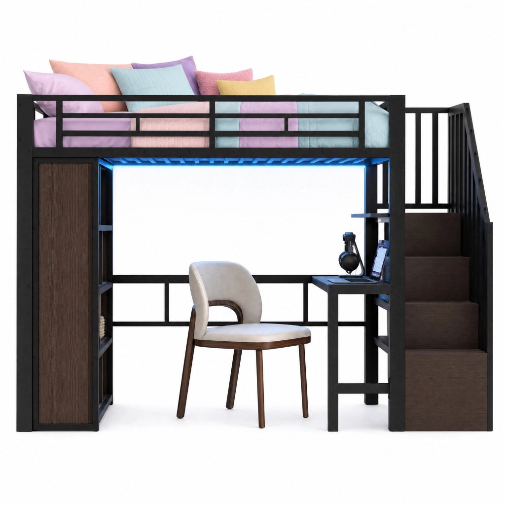 Letto a soppalco 90x200 cm con scrivania, LED e scale contenitore nero