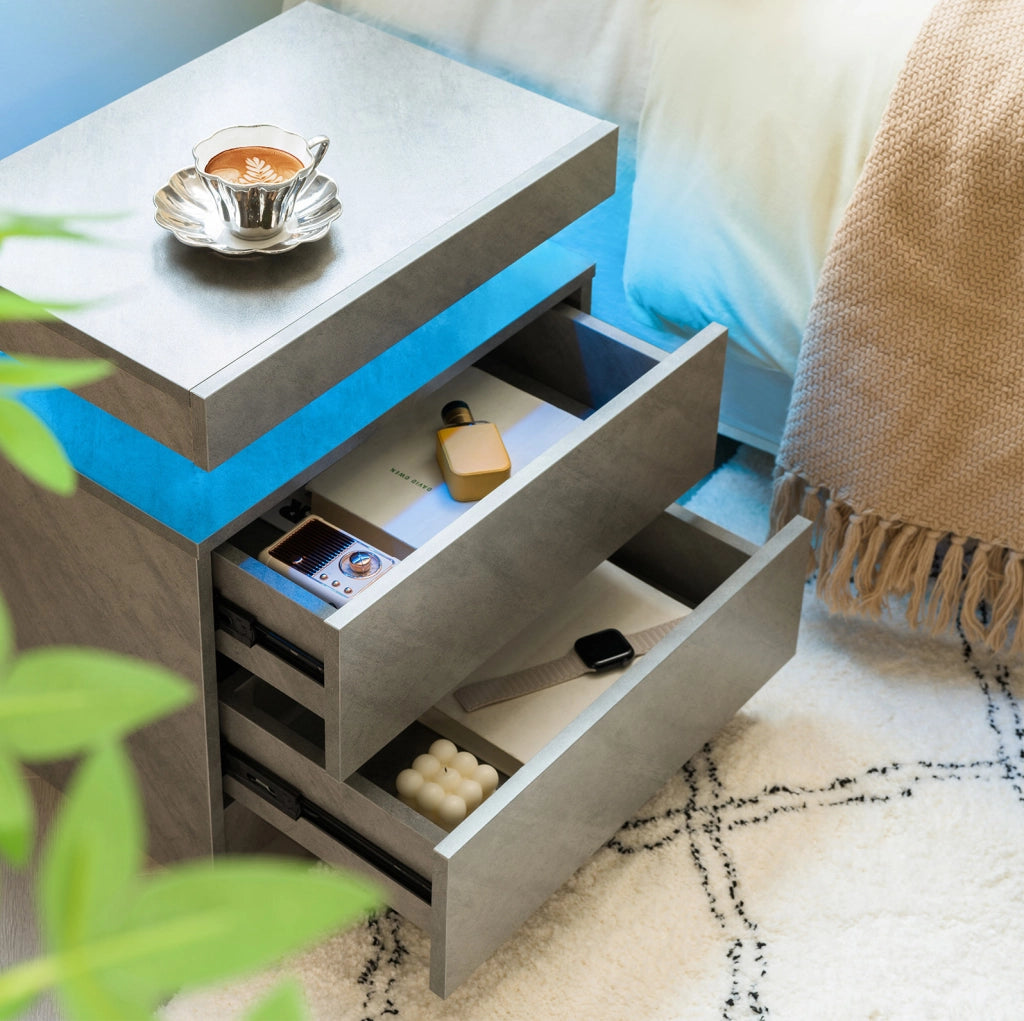 Comodino Moderno con Luci LED Regolabili e 2 Cassetti, Grigio Scuro