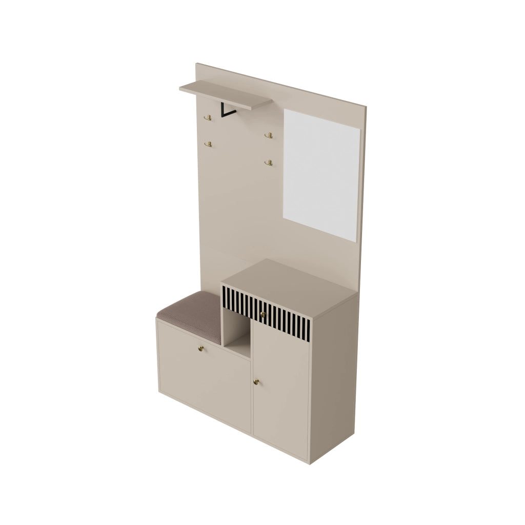 Mobile da ingresso con specchio, seduta imbottita, ripiani regolabili, ganci e cassetti in MDF, 110 × 37 × 185,5 cm