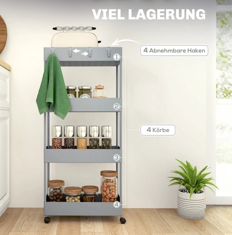 Carrello cucina a 4 ripiani con ruote, grigio