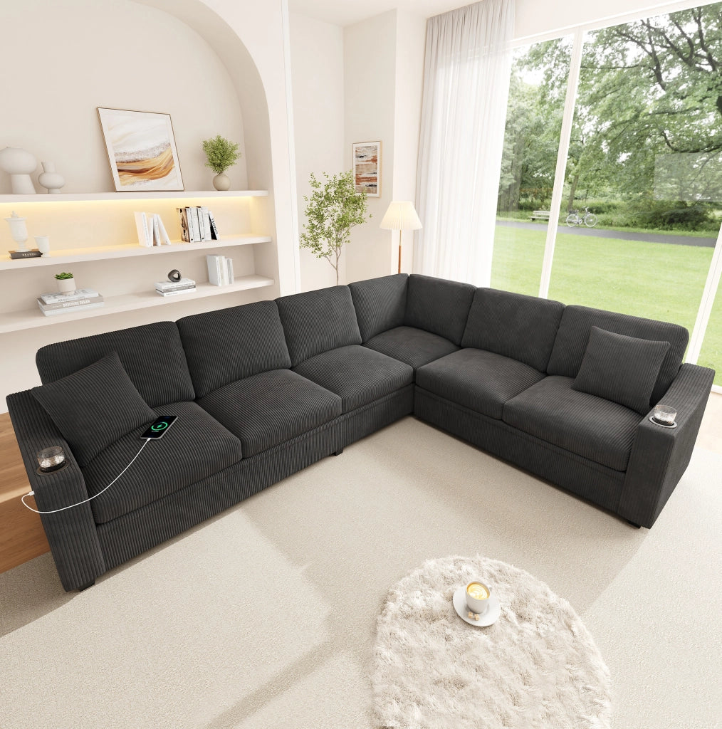 Divano angolare modulare a L 277x215 cm in tessuto corduroy grigio; 6-7 posti con 2 cuscini