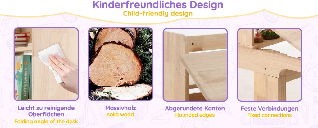 Scrivania per bambini in legno massello regolabile in altezza con piano inclinabile e vano portaoggetti, colore naturale, per bambini da 6 anni