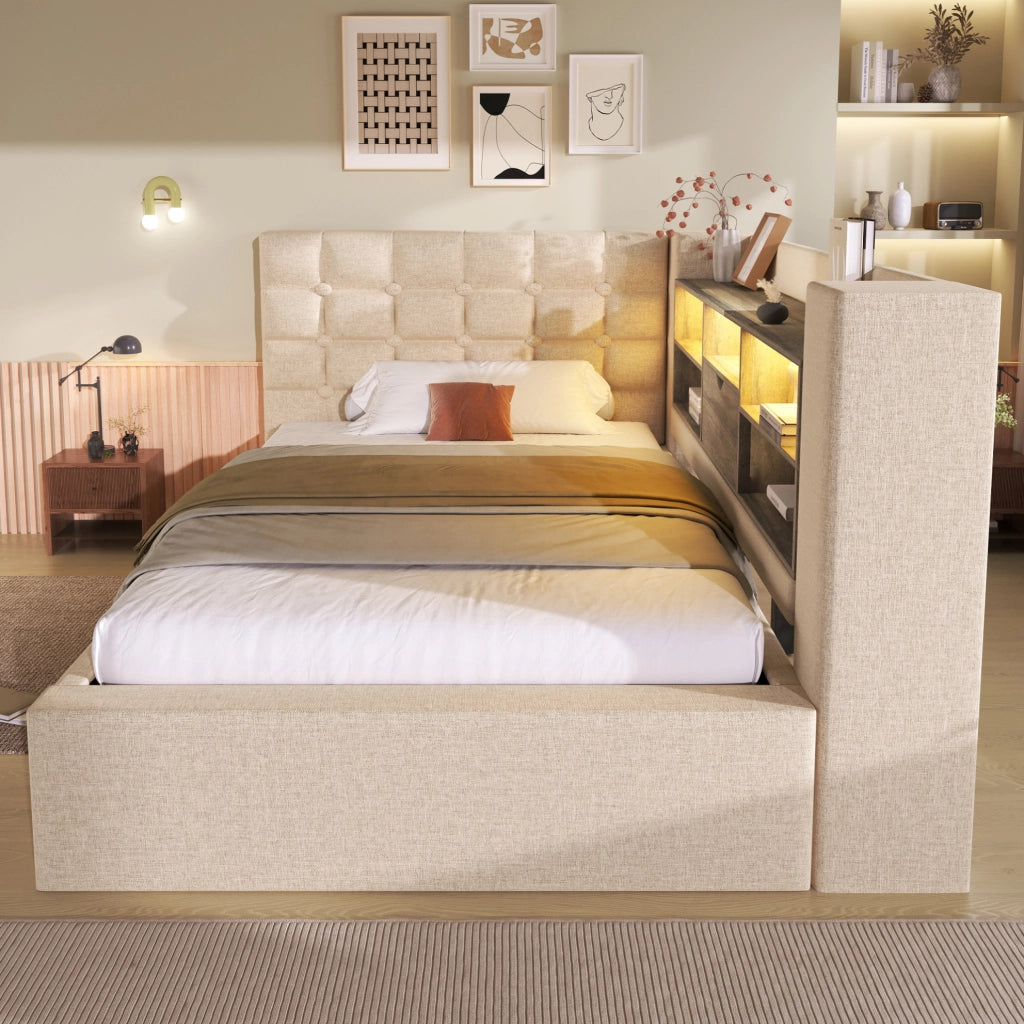 Letto singolo imbottito 90x200 cm con contenitore idraulico, testiera angolare reversibile, illuminazione LED e materasso incluso, tessuto in lino beige
