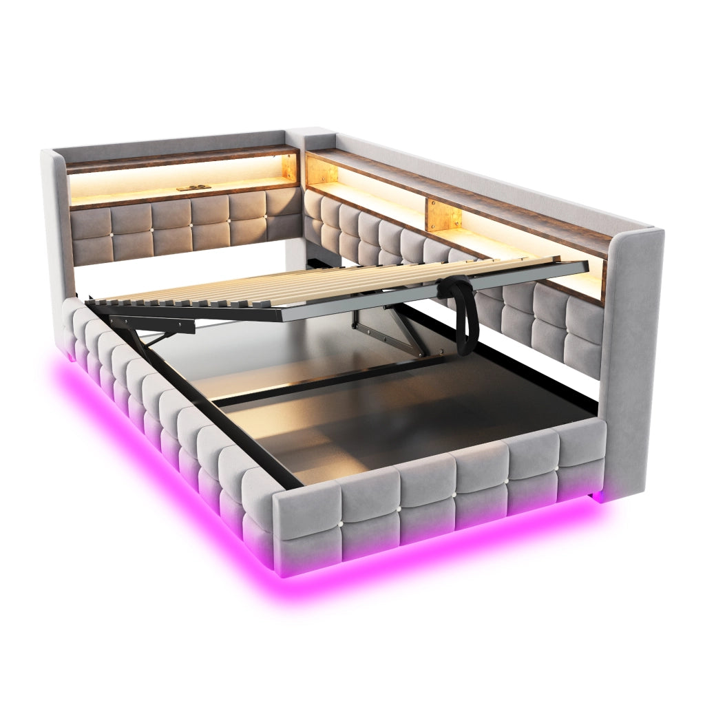 Divano letto 90 × 200 cm con vano contenitore idraulico; ripiani; LED; prese USB e Type-C in velluto grigio chiaro