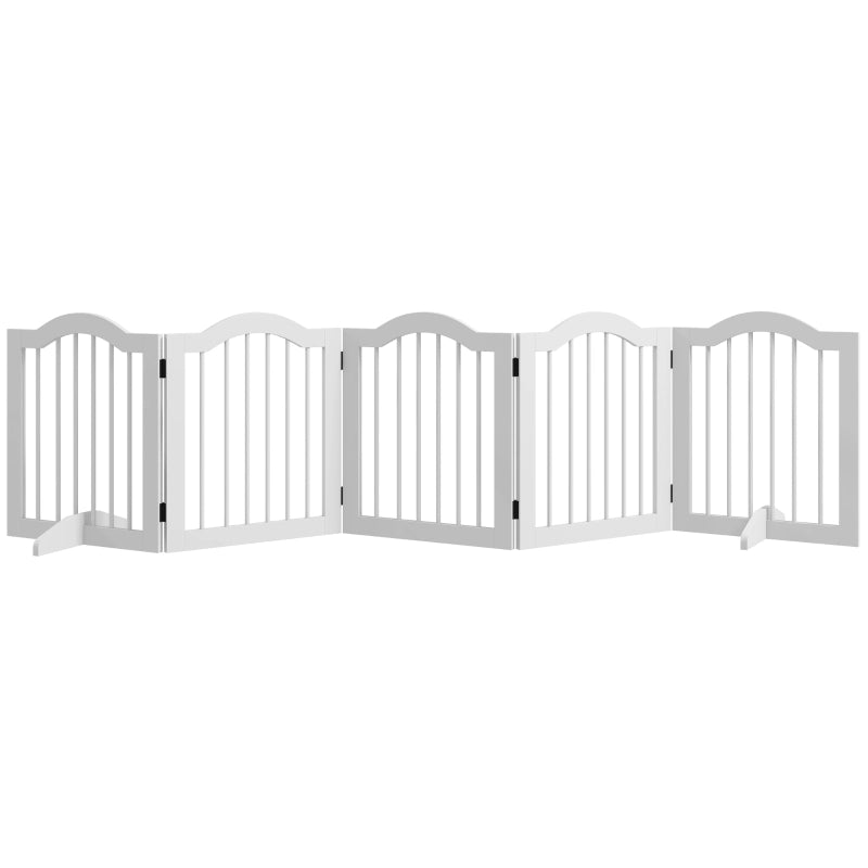 Cancelletto per cani a 5 pannelli pieghevole in legno e MDF bianco con piedi di supporto 254.5 × 61 cm