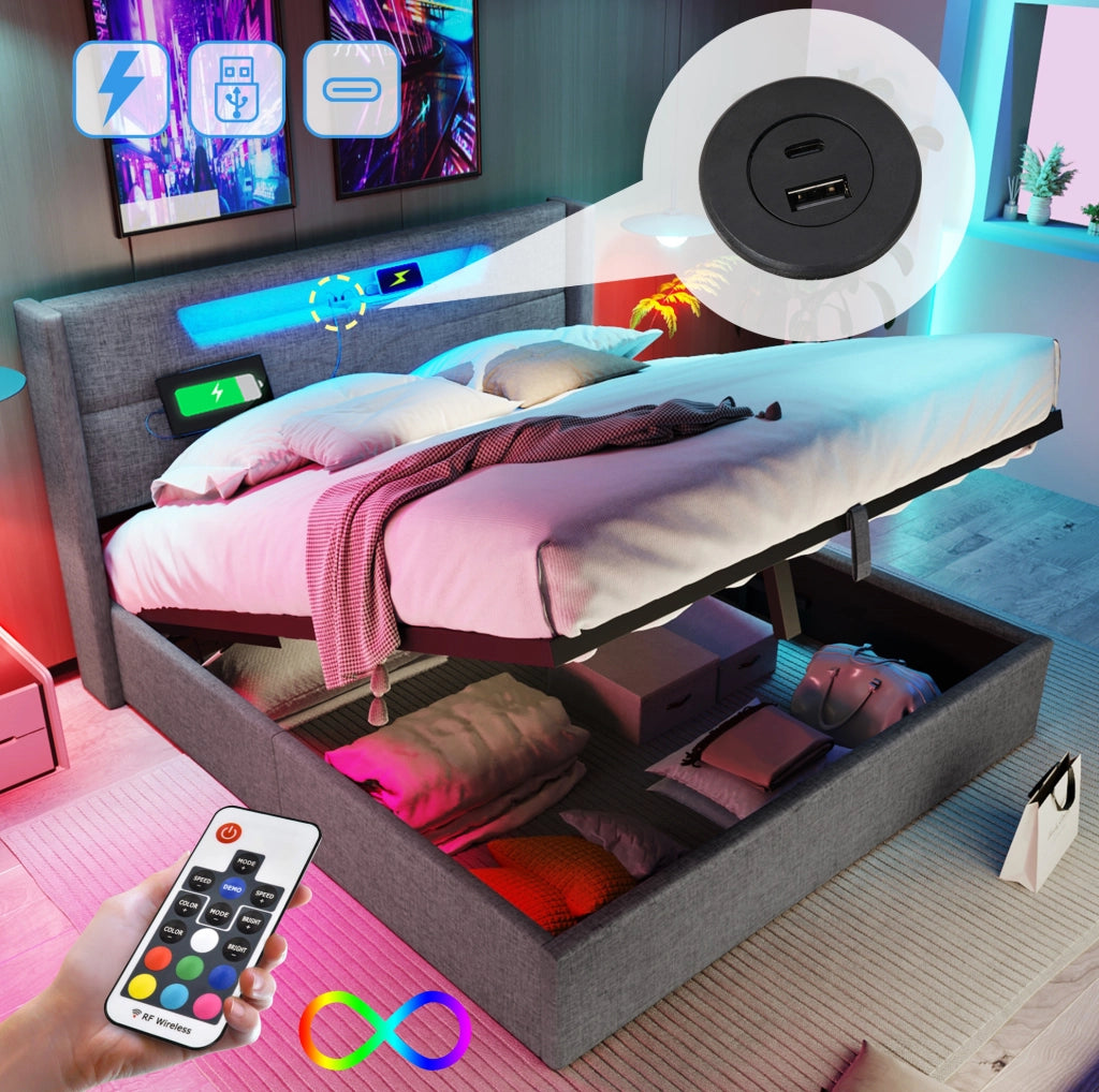 Letto matrimoniale contenitore 160x200 cm con LED; USB e Type-C in lino grigio HOMVRA