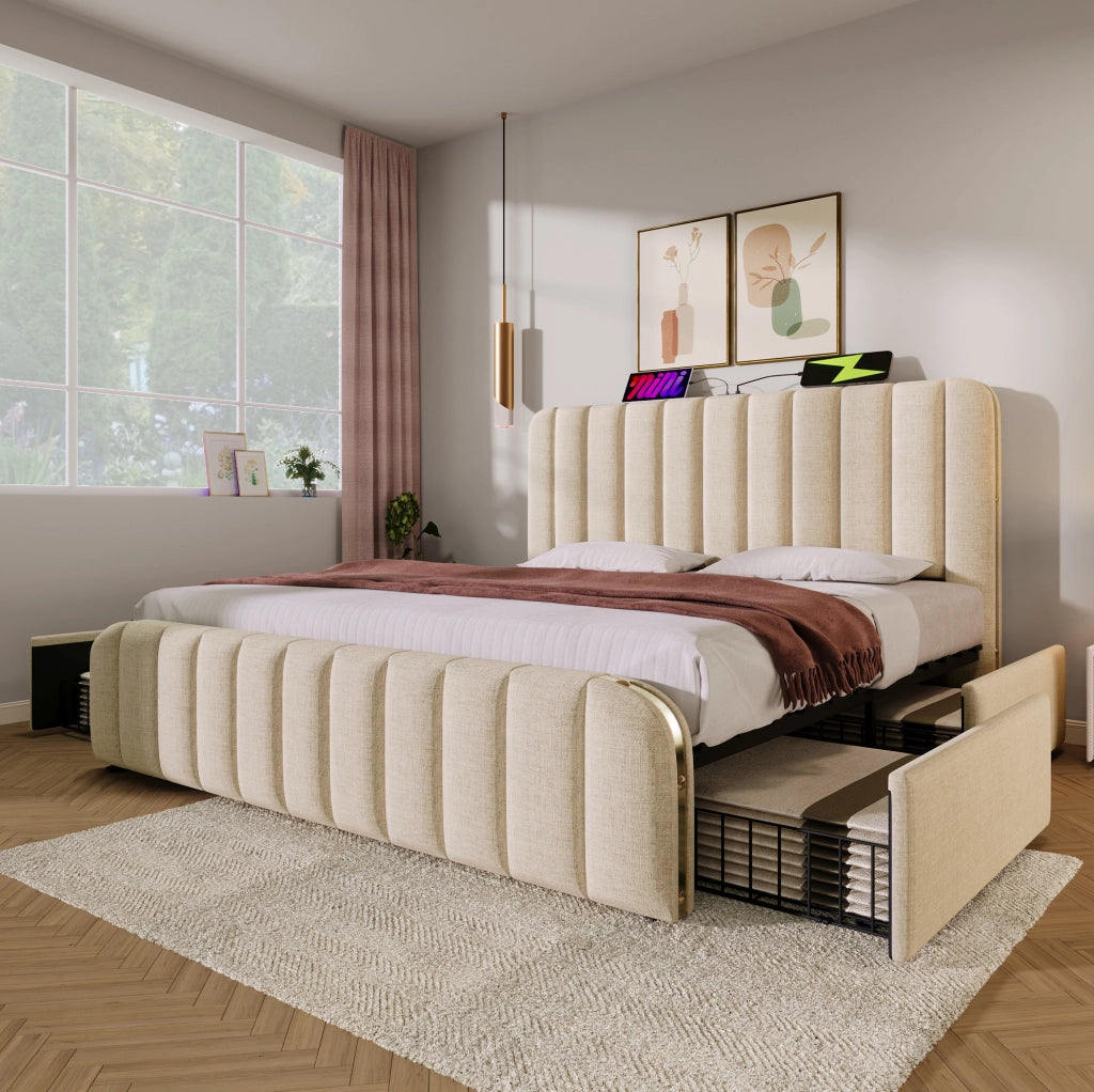 Letto matrimoniale beige 180x200 cm con 4 cassetti, USB e Type-C