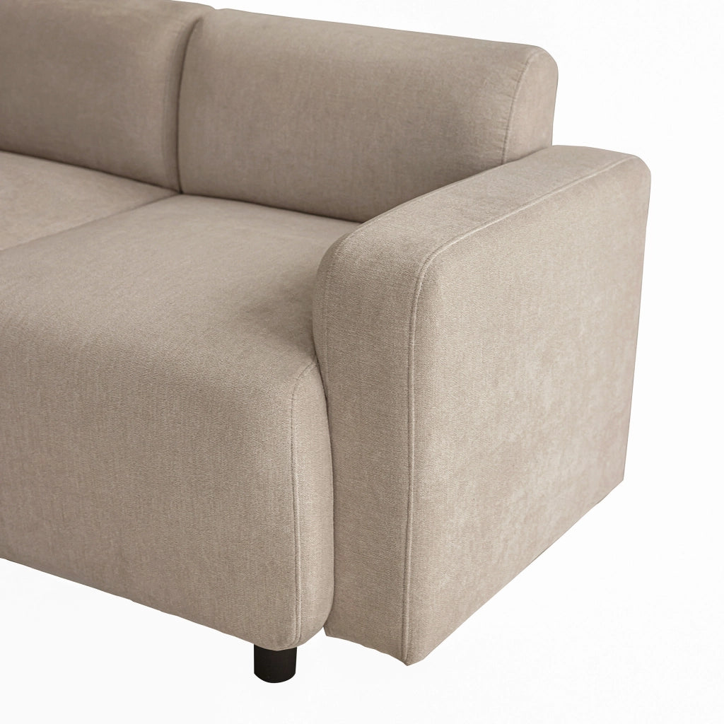 Divano 3 posti in ciniglia beige con braccioli arrotondati e 2 cuscini
