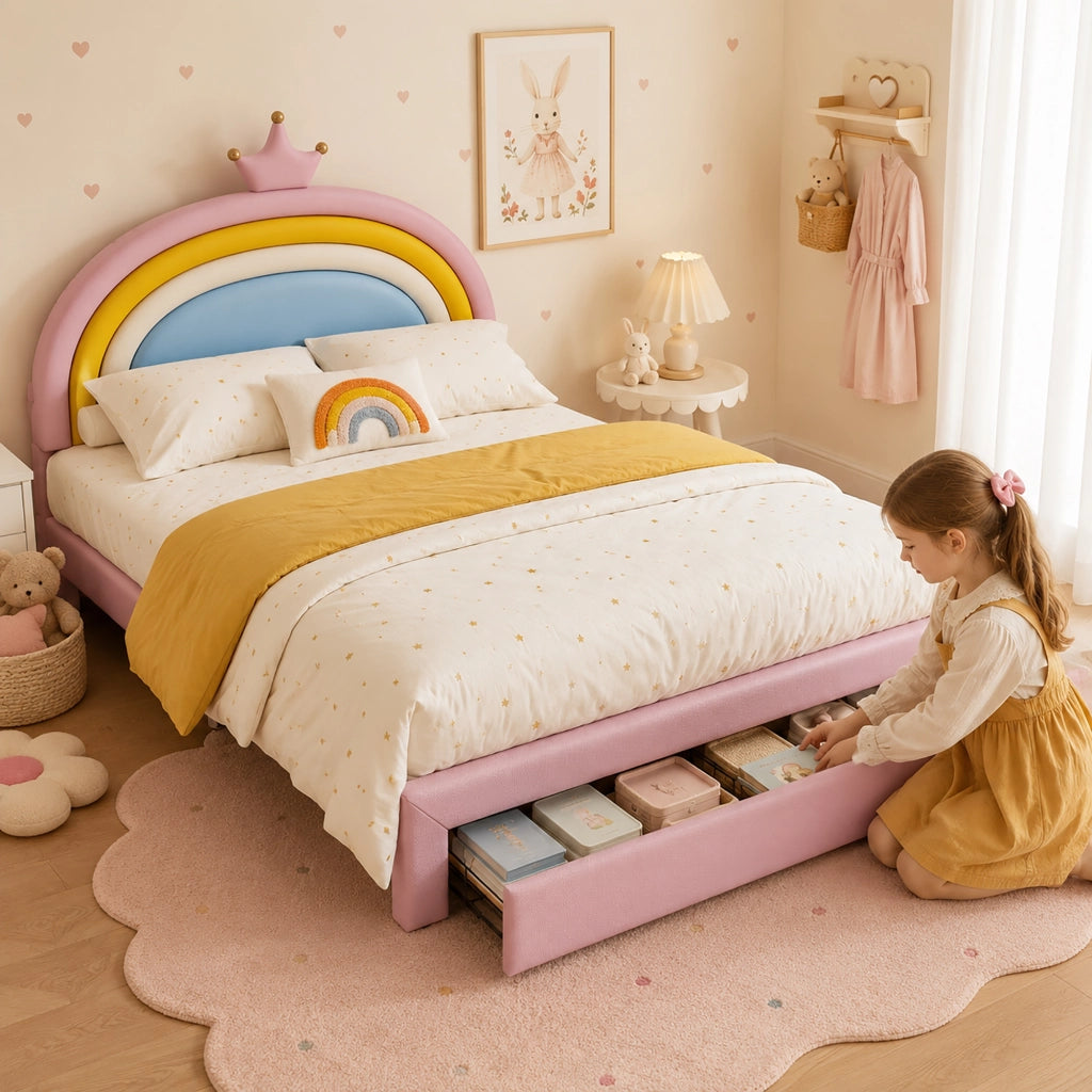 Letto per bambini 140 × 200 cm con 2 cassetti e testiera regolabile, senza materasso, con rivestimento in PU rosa