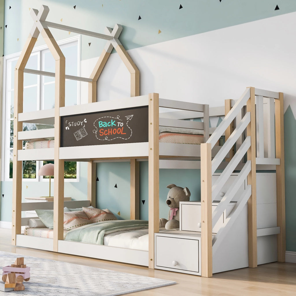 Letto a castello per bambini 90 × 200 cm con scala contenitore e lavagna in legno bianco